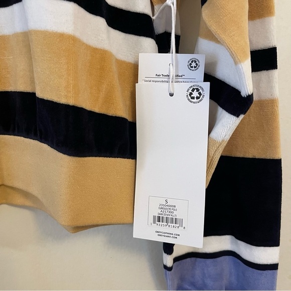 Obey Polo Shirt Velour Long Sleeves Striped Small Embroidered Cropped NWT - Picture 13 of 17